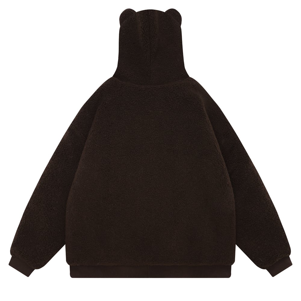 Embroidered Teddy Bear Ear Hooded Lamb Wool Coat