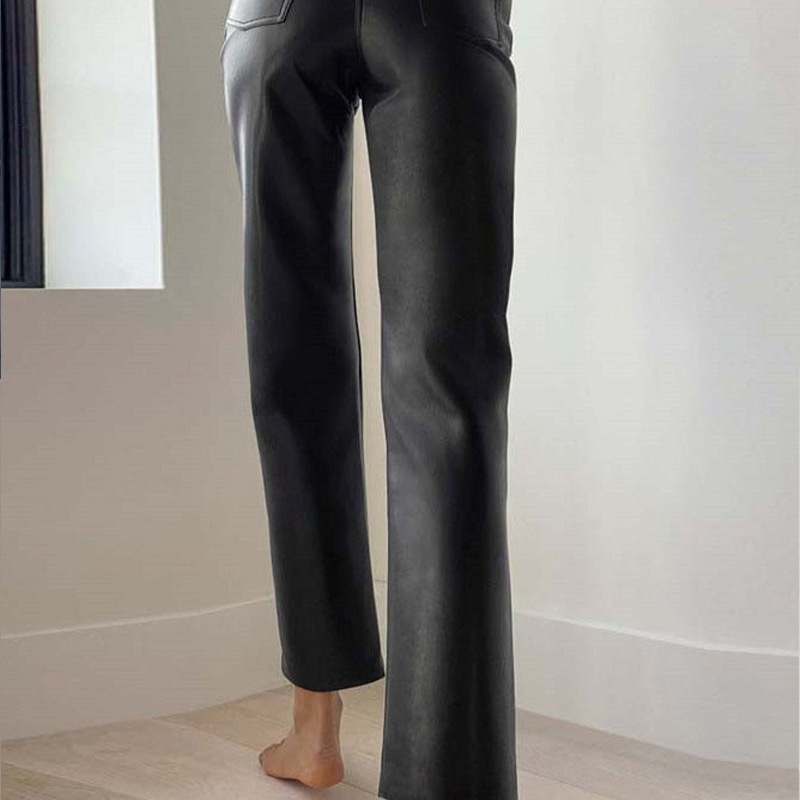 Women's High Waist Straight PU Trousers Image 4