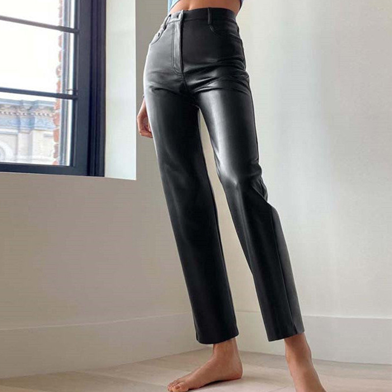 Women's High Waist Straight PU Trousers Image 6