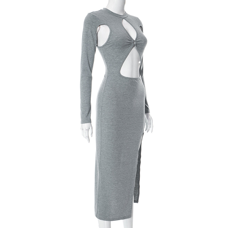 Women's Solid Color Long Sleeve Hollow Dress 12