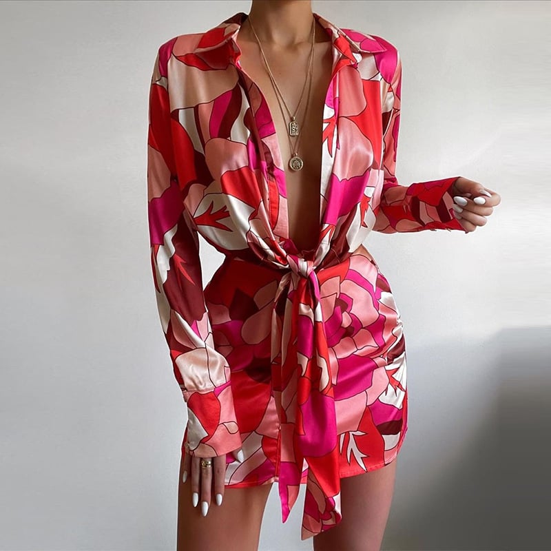 Women's Lapel Print Long Sleeve Dress Image 7