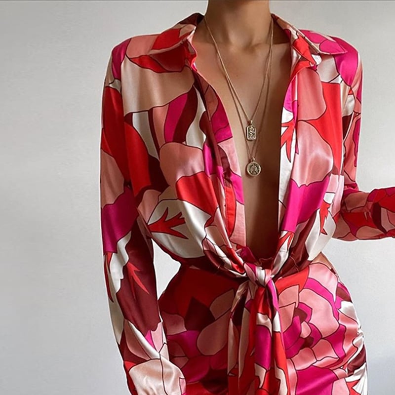 Women's Lapel Print Long Sleeve Dress Image 2