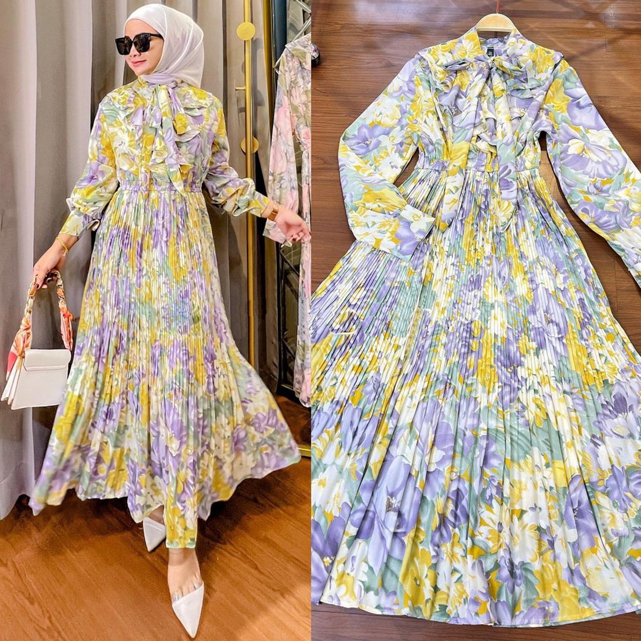 Muslim Malay Indonesian Ruffled Printed Dress Image 5