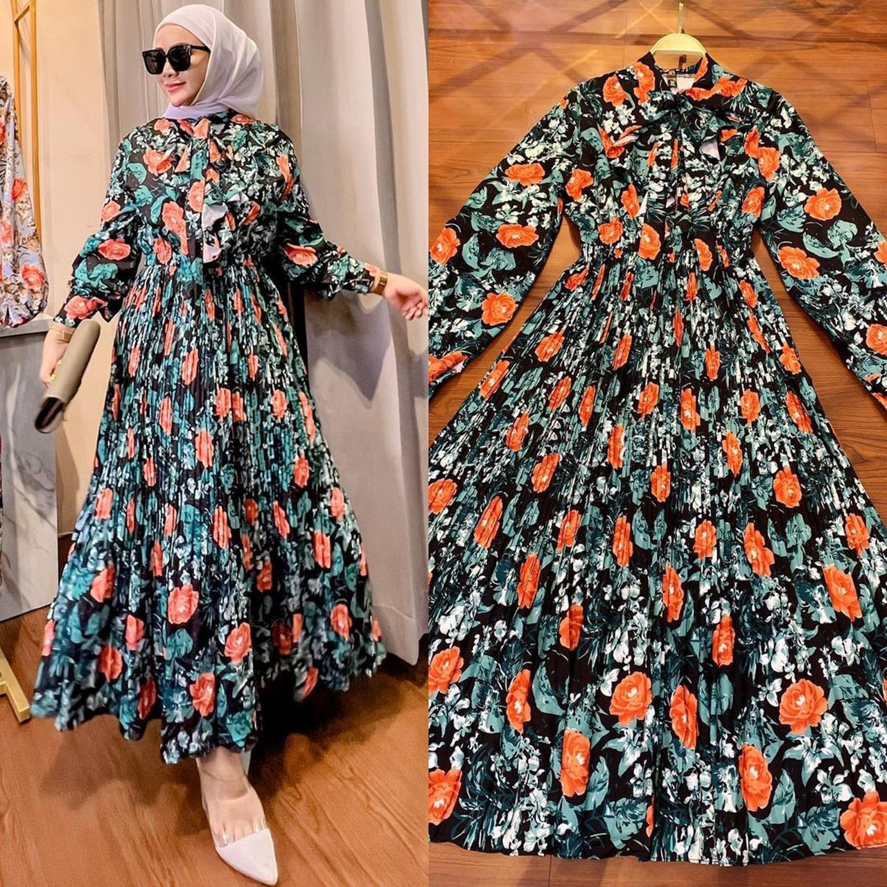 Muslim Malay Indonesian Ruffled Printed Dress Image 6