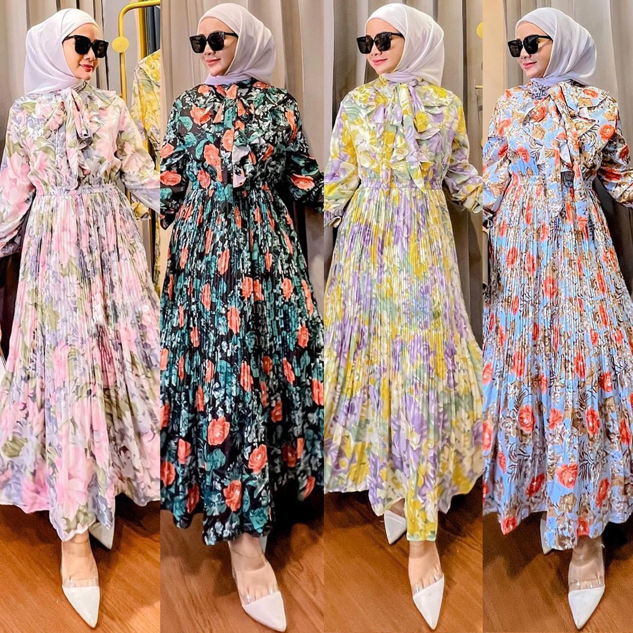 Muslim Malay Indonesian Ruffled Printed Dress Image 2