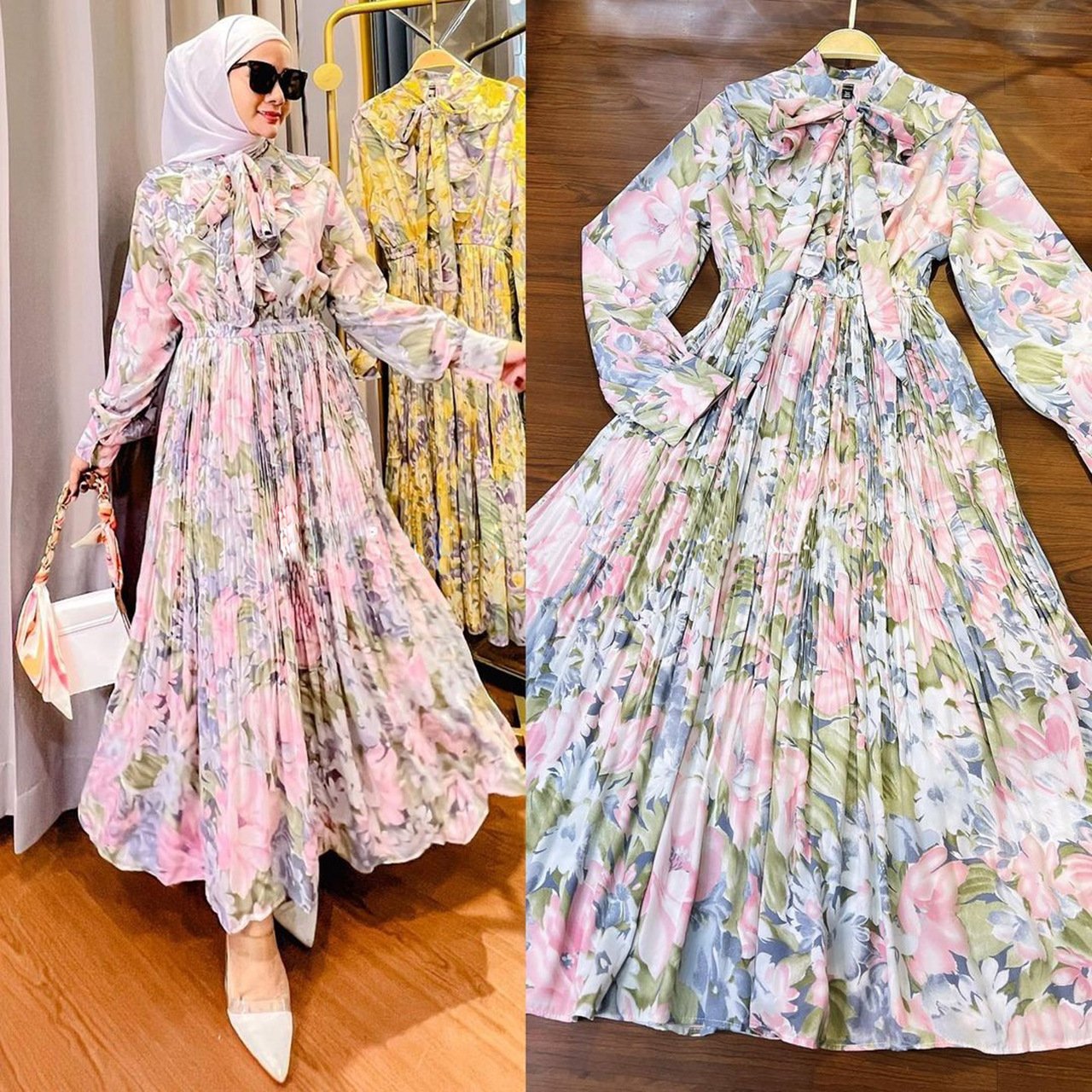 Muslim Malay Indonesian Ruffled Printed Dress Image 3