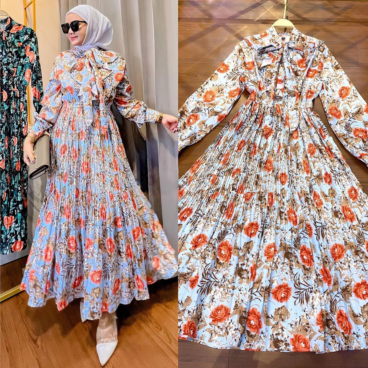 Muslim Malay Indonesian Ruffled Printed Dress Image 7