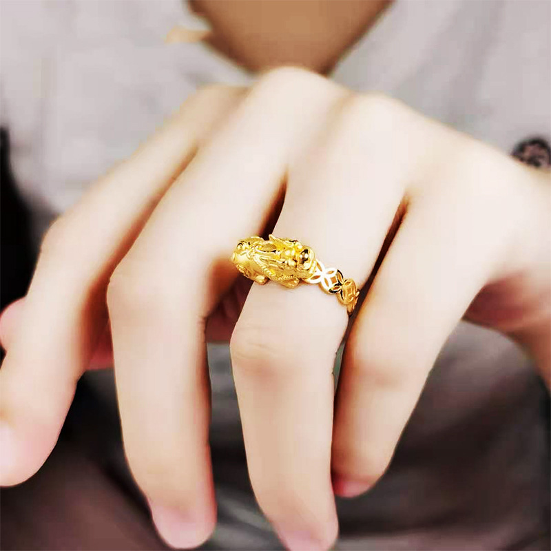Brass Gold Plated Money Drawing And Luck Changing Coin Pixiu Ring Adjustable