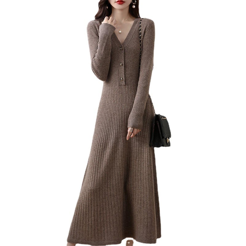 Women's Elegant V-neck Wool Knitted Dress Image 4
