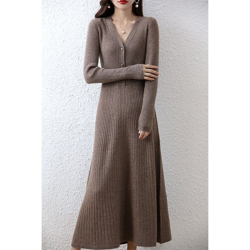 Women's Elegant V-neck Wool Knitted Dress Image 6
