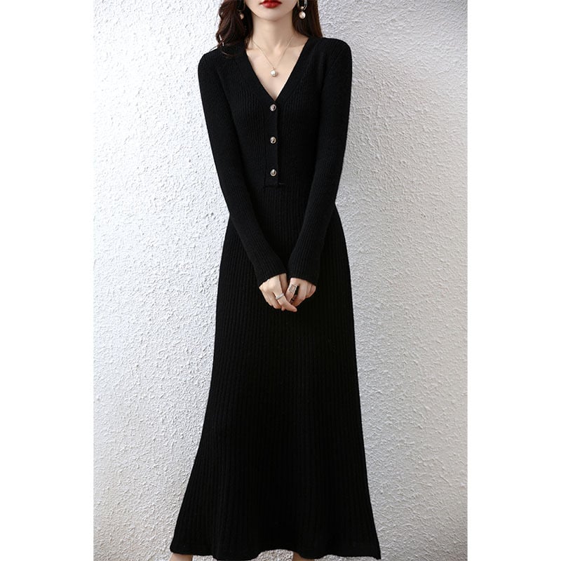 Women's Elegant V-neck Wool Knitted Dress Image 5