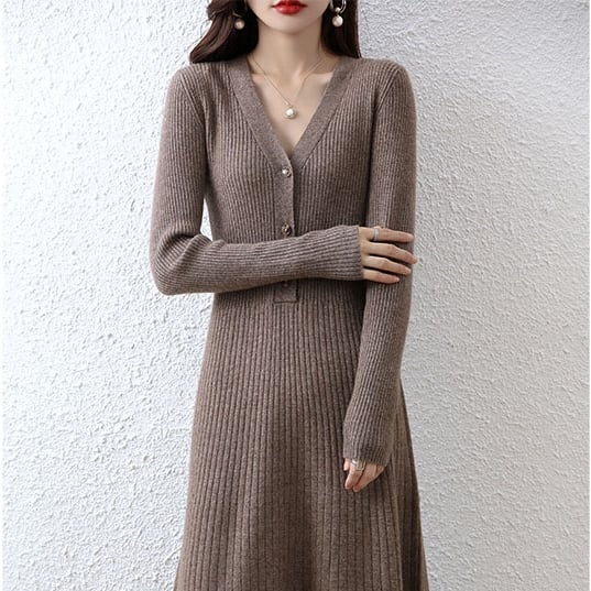 Women's Elegant V-neck Wool Knitted Dress Image 2