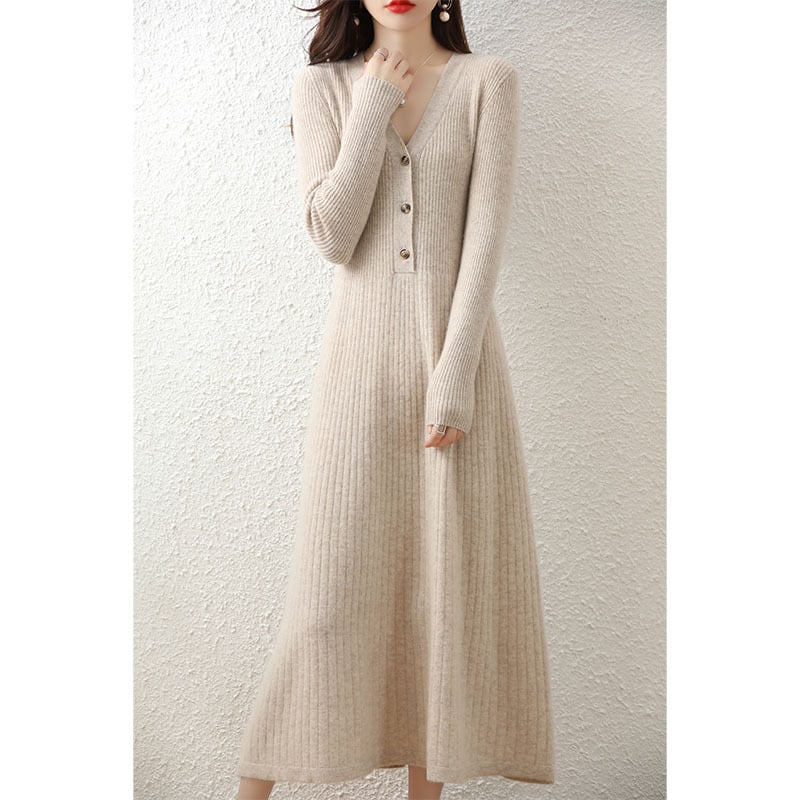 Women's Elegant V-neck Wool Knitted Dress Image 3