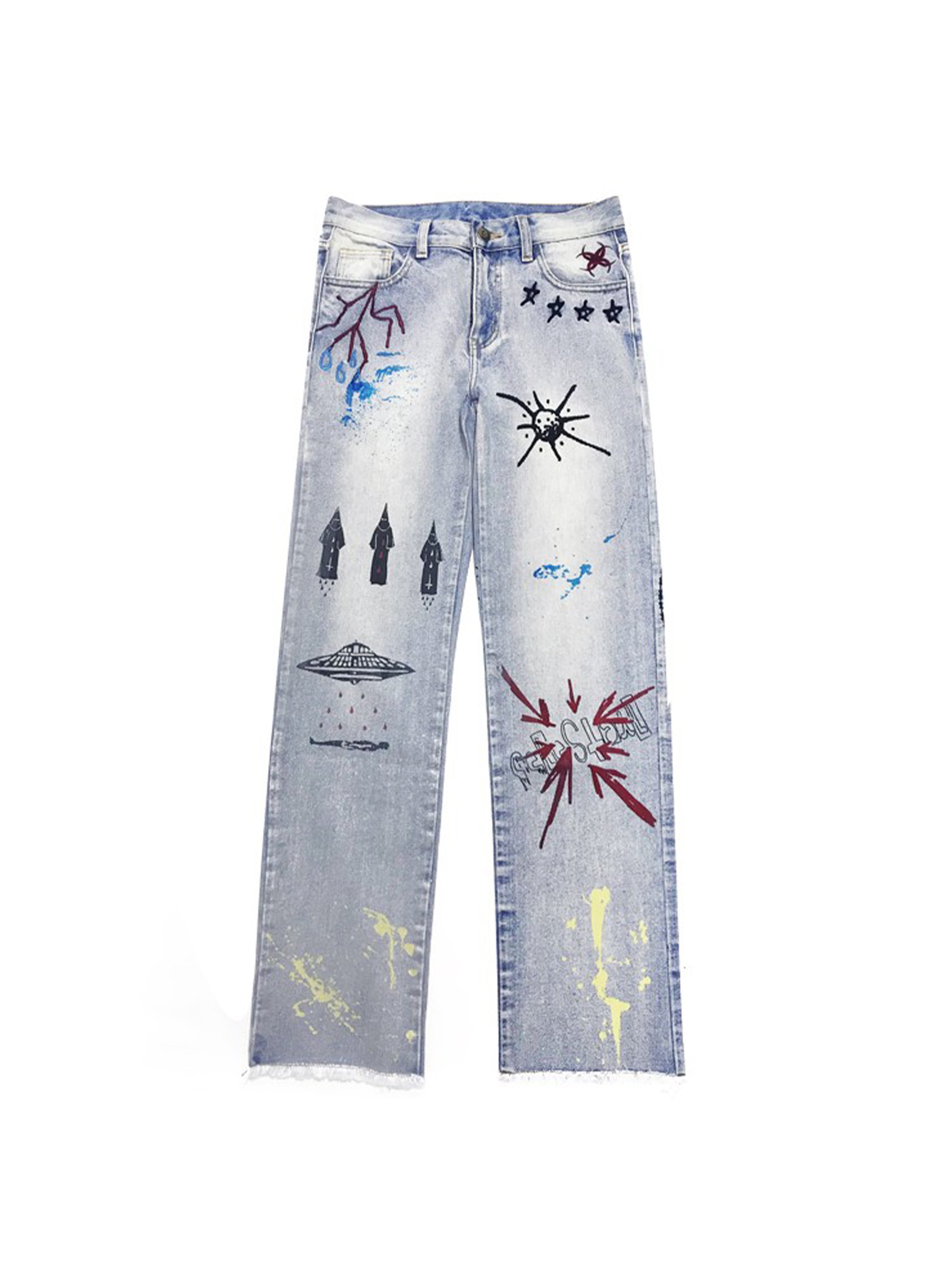 Graffiti-embroidered Frayed Wash Jeans