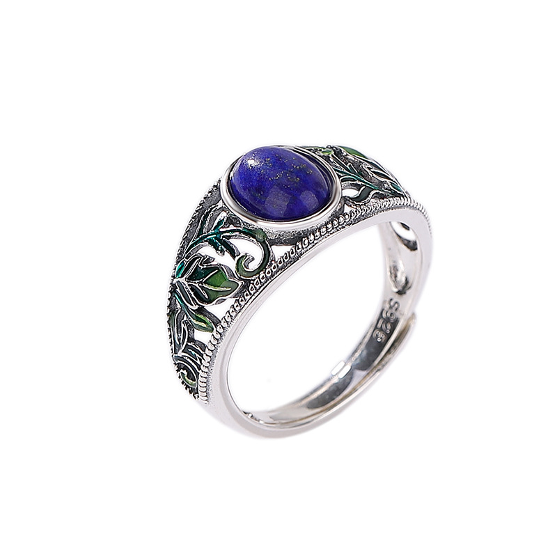Sterling Silver Lapis Lazuli Hollow Enamel Leaf Ring Image 2