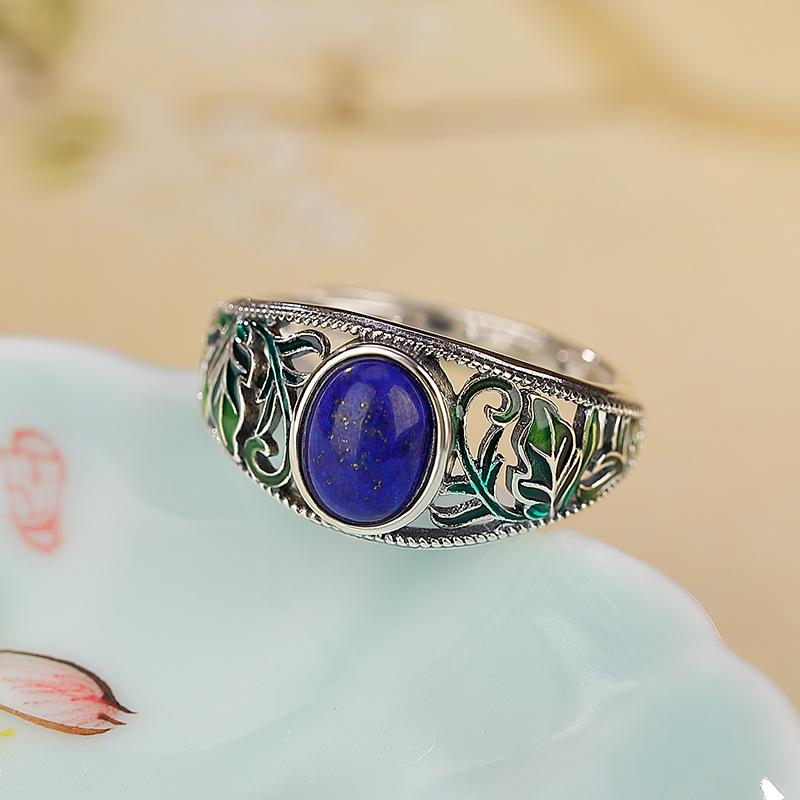 Sterling Silver Lapis Lazuli Hollow Enamel Leaf Ring Image 5
