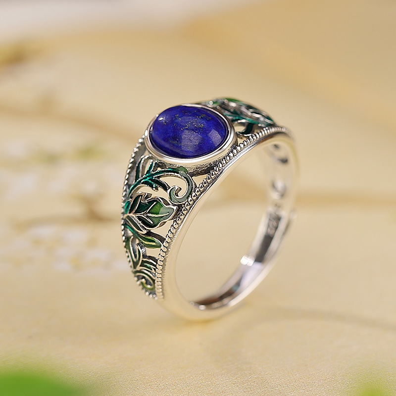 Sterling Silver Lapis Lazuli Hollow Enamel Leaf Ring Image 4