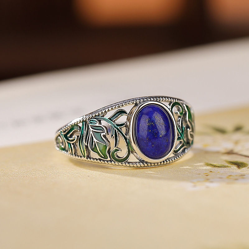 Sterling Silver Lapis Lazuli Hollow Enamel Leaf Ring Image 1