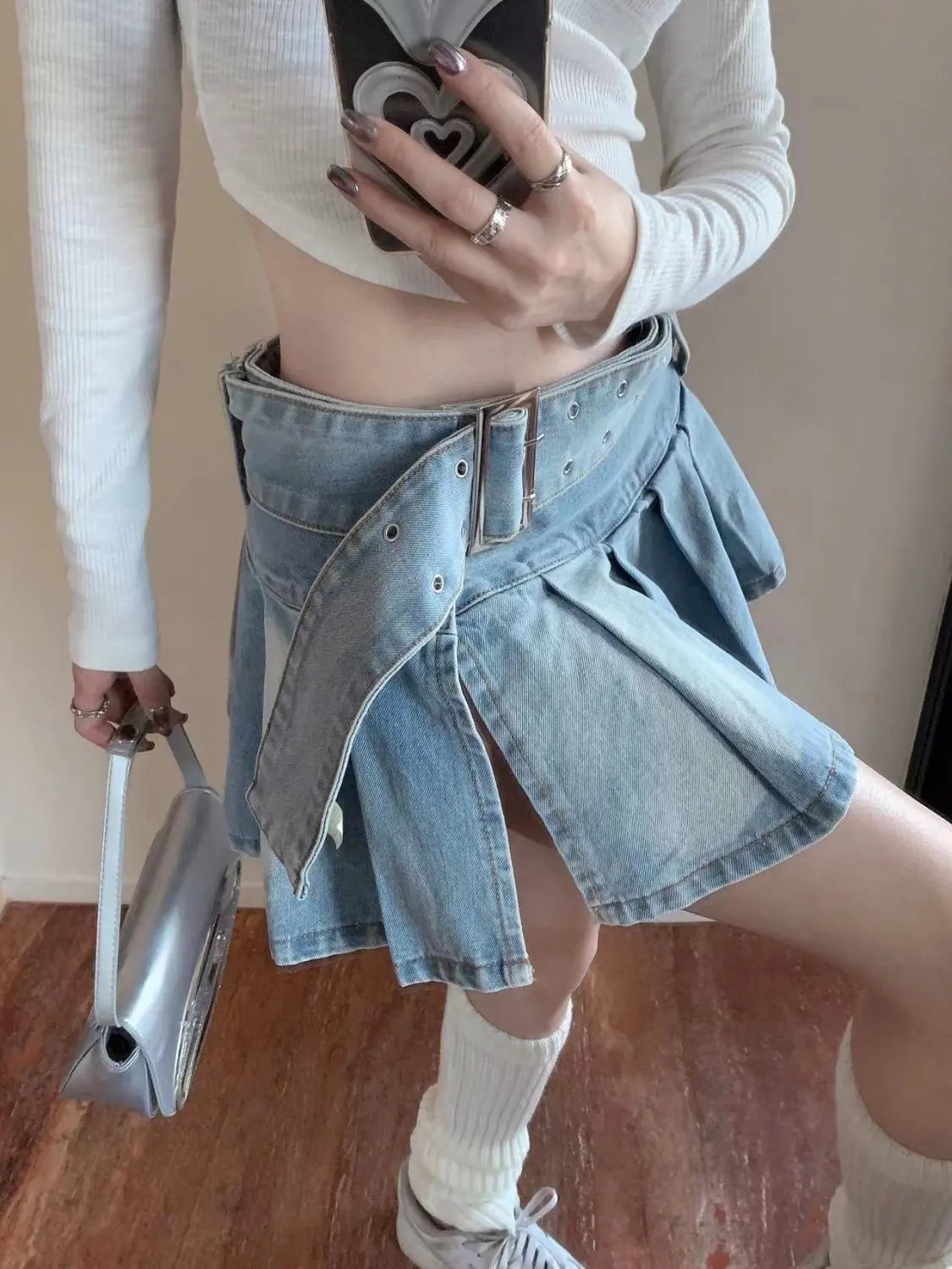 High Waist Slimming Denim Pleated Skirt Image 1
