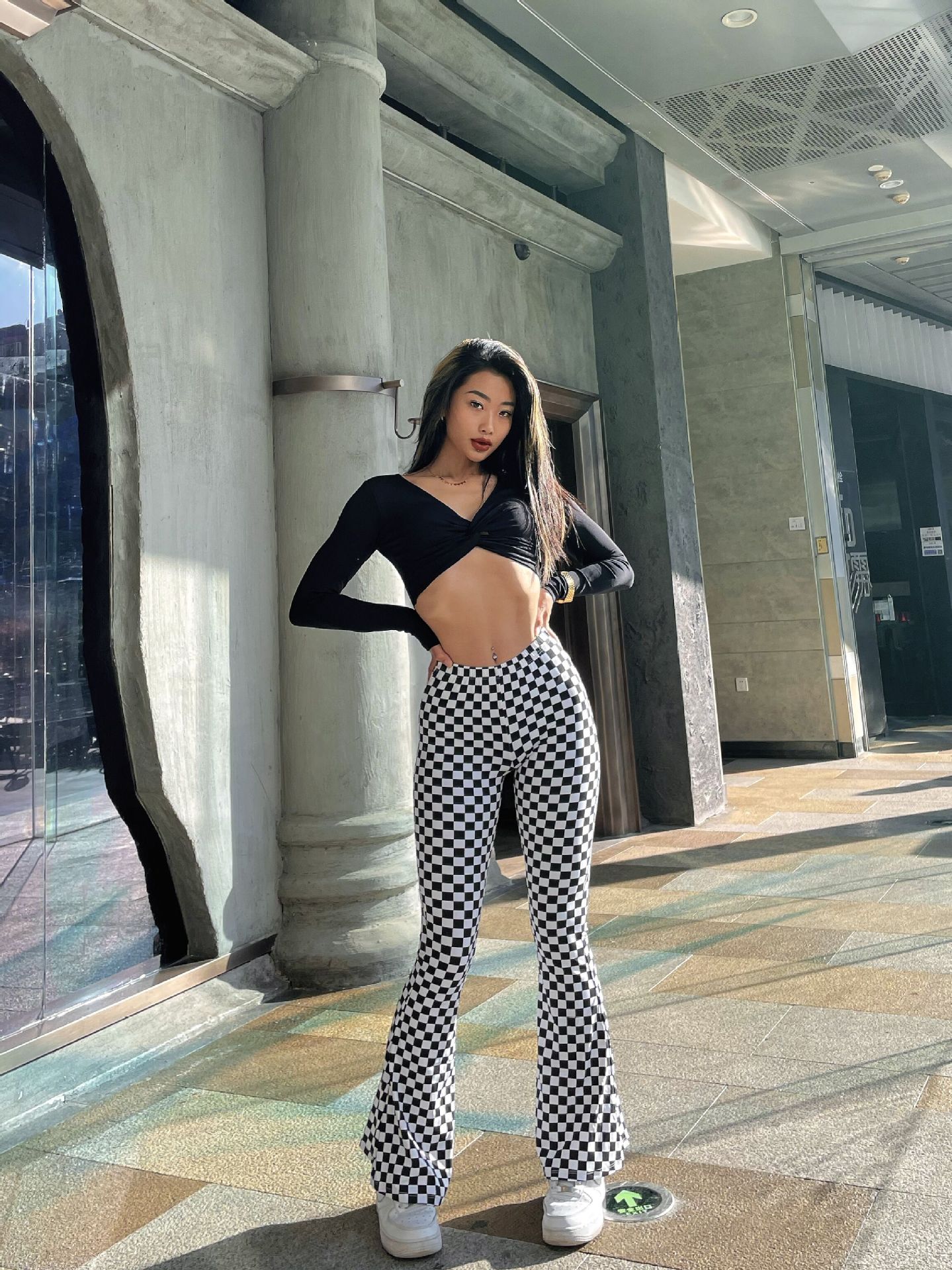 Back view of Chessboard Plaid Bell-bottom Pants