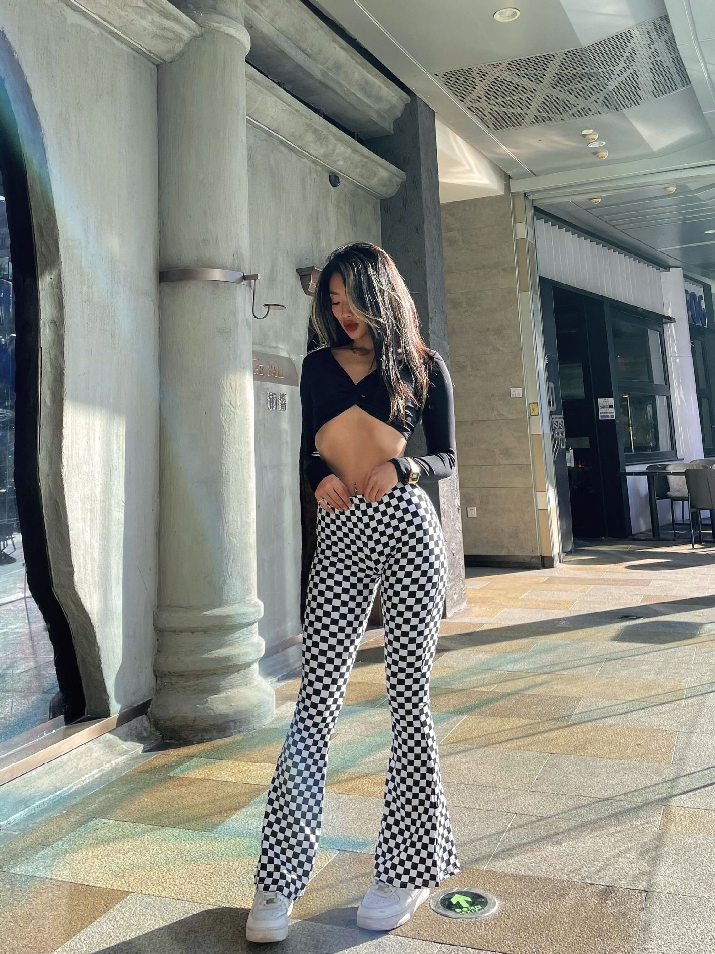 Versatile styling options for Chessboard Plaid Bell-bottom Pants
