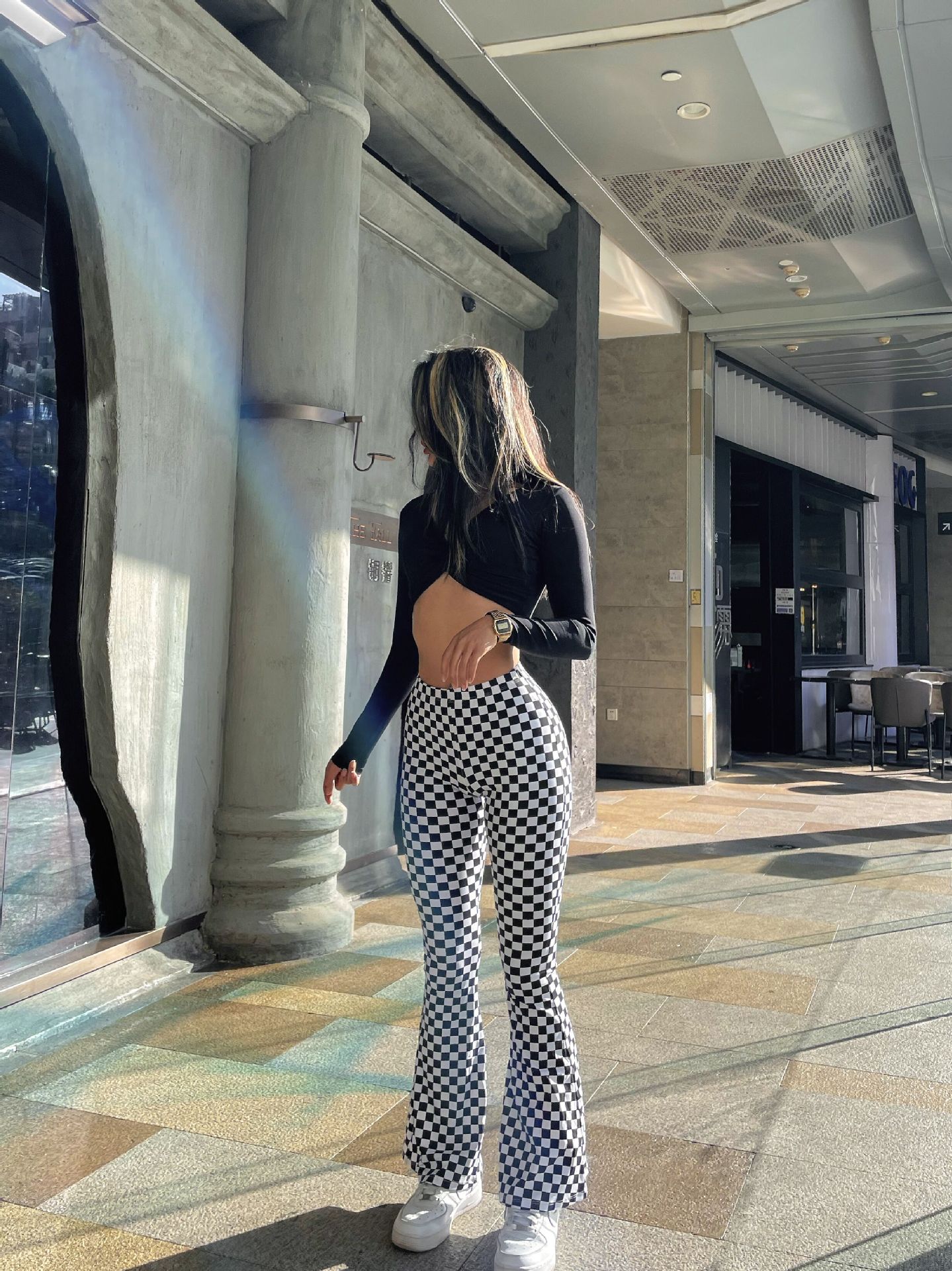 Side view of Chessboard Plaid Bell-bottom Pants