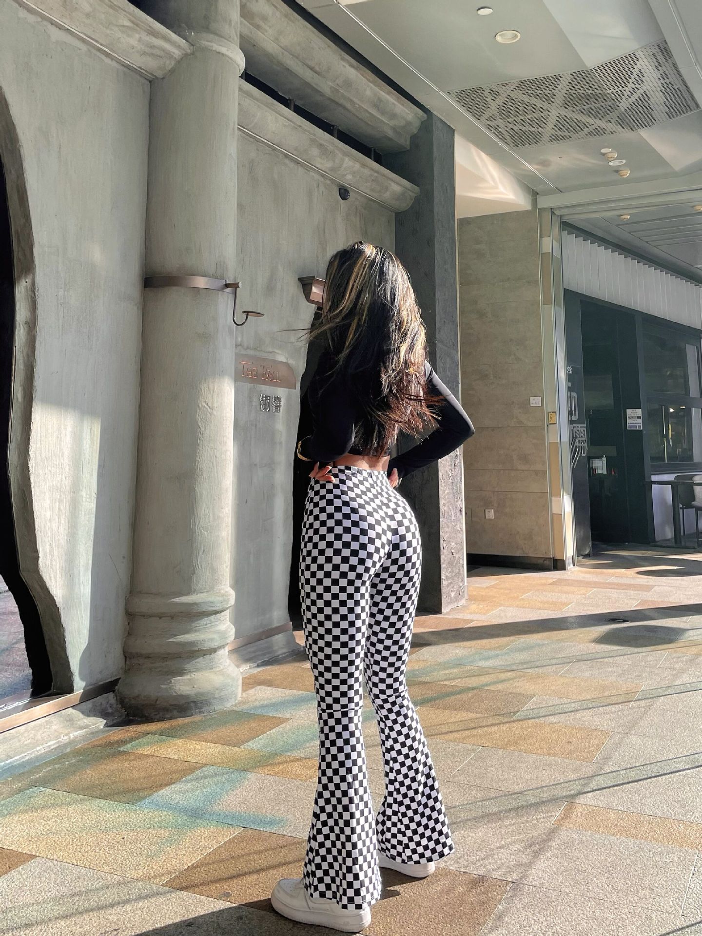 Fashionable look with Chessboard Plaid Bell-bottom Pants