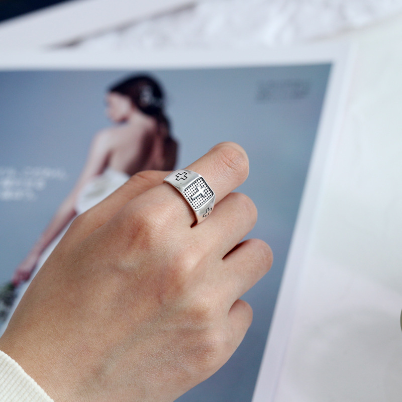 S925 Sterling Silver Cross Marcasite Punk Men's Ring