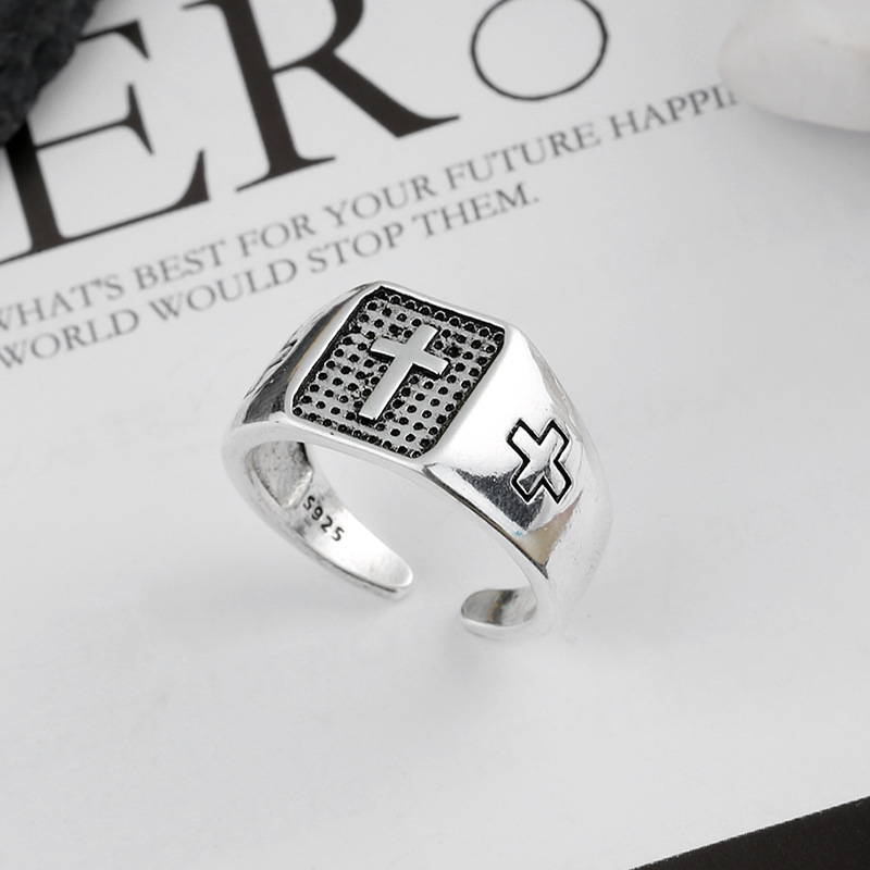 S925 Sterling Silver Cross Marcasite Punk Men's Ring