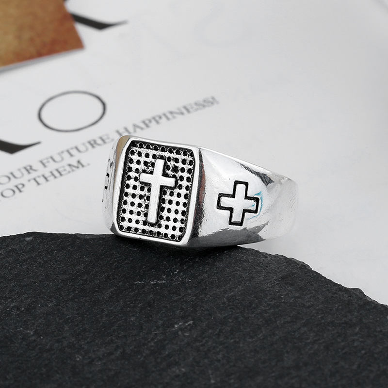 S925 Sterling Silver Cross Marcasite Punk Men's Ring