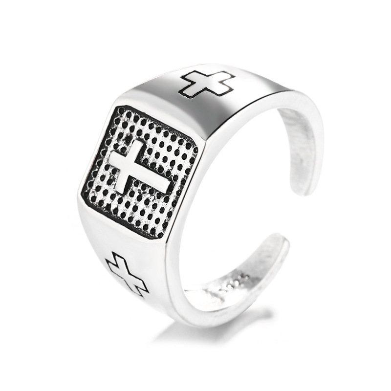 S925 Sterling Silver Cross Marcasite Punk Men's Ring