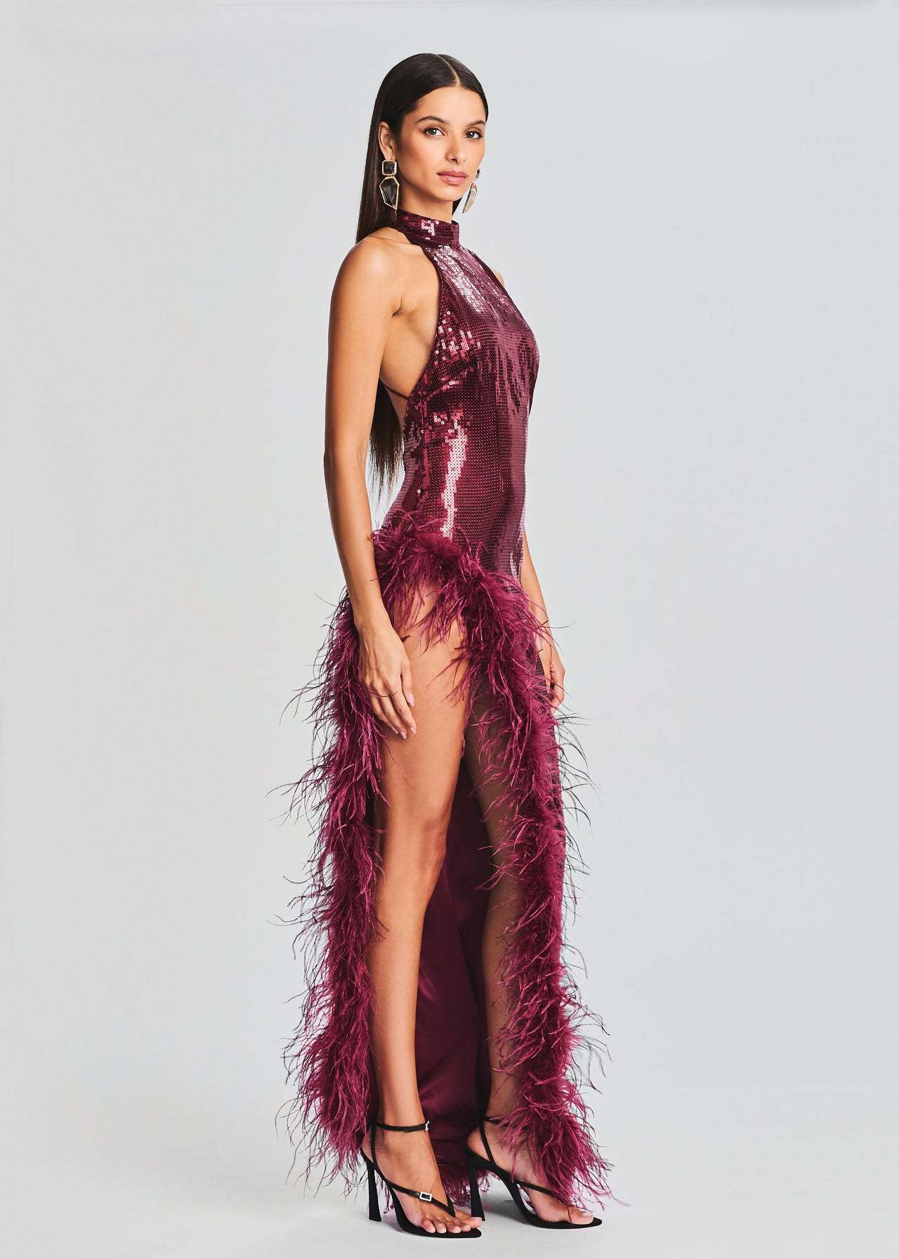 Feather Wine Red Sequined Halter Dress Image 5
