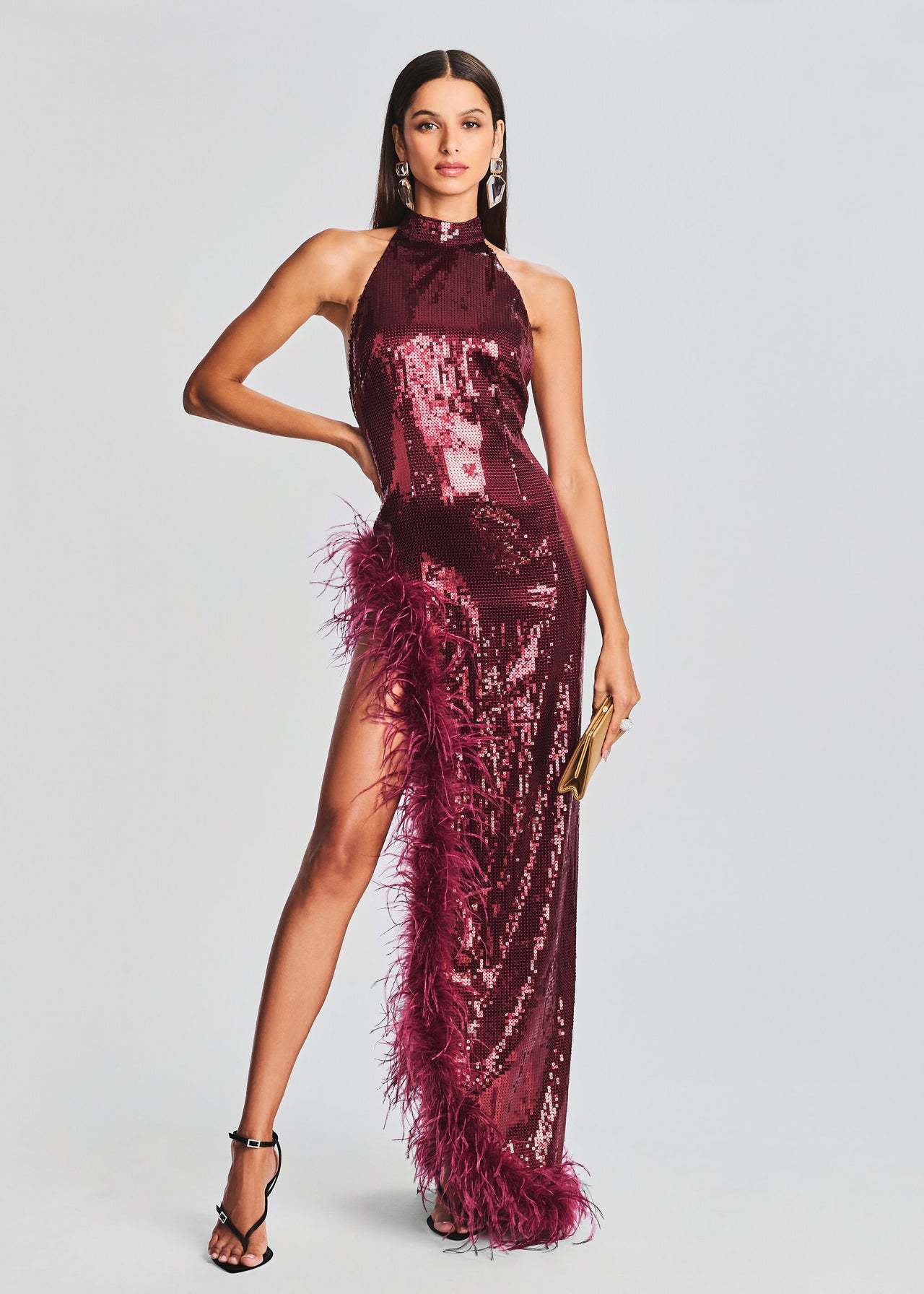 Feather Wine Red Sequined Halter Dress Image 3