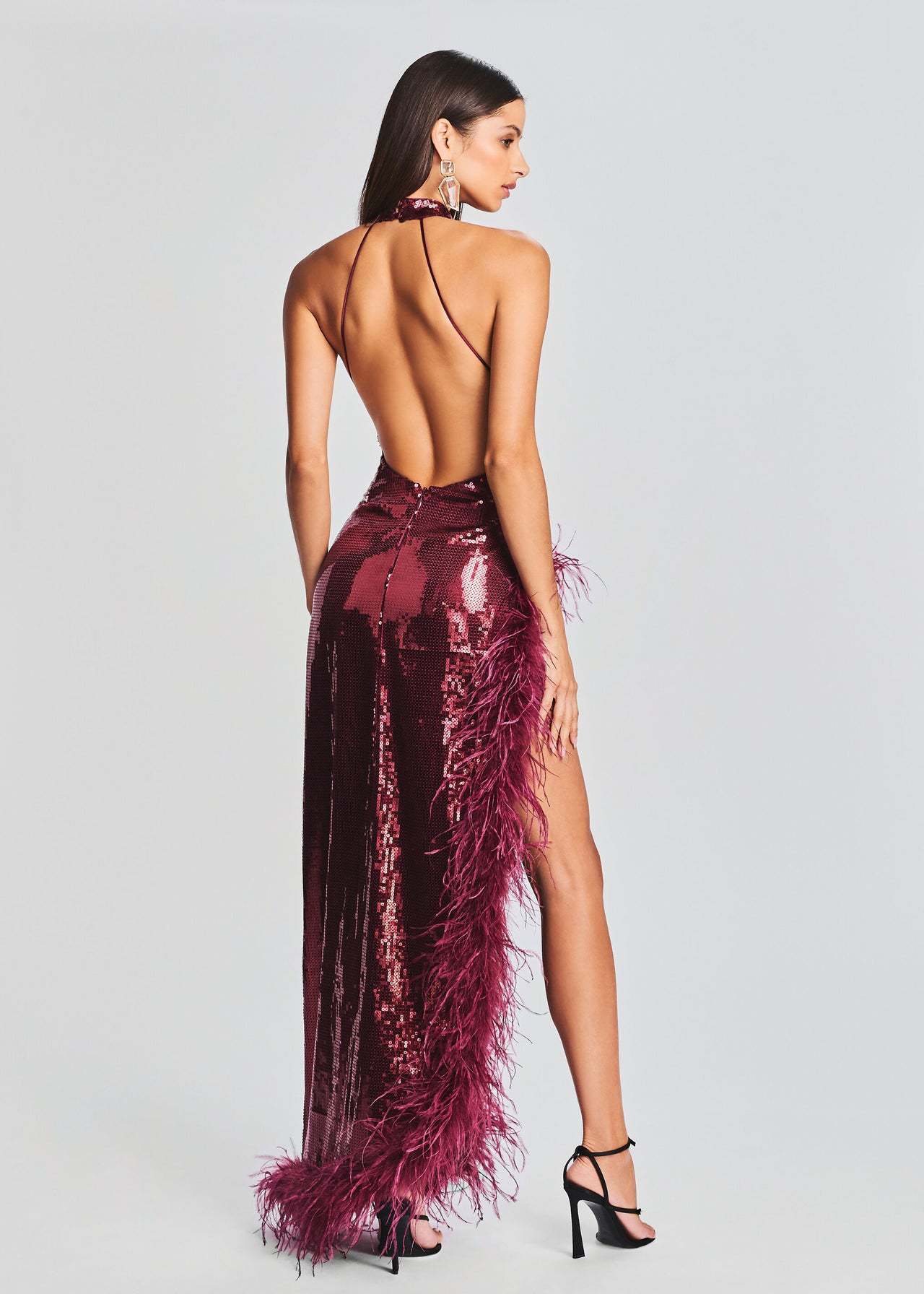 Feather Wine Red Sequined Halter Dress Image 1