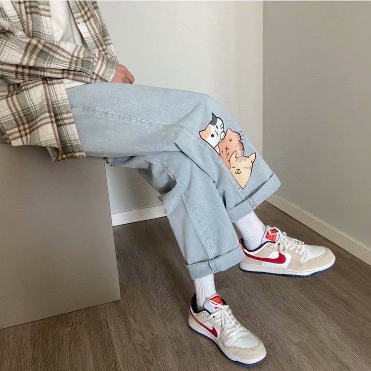 Men's Straight Loose Kitten Printed Jeans 4