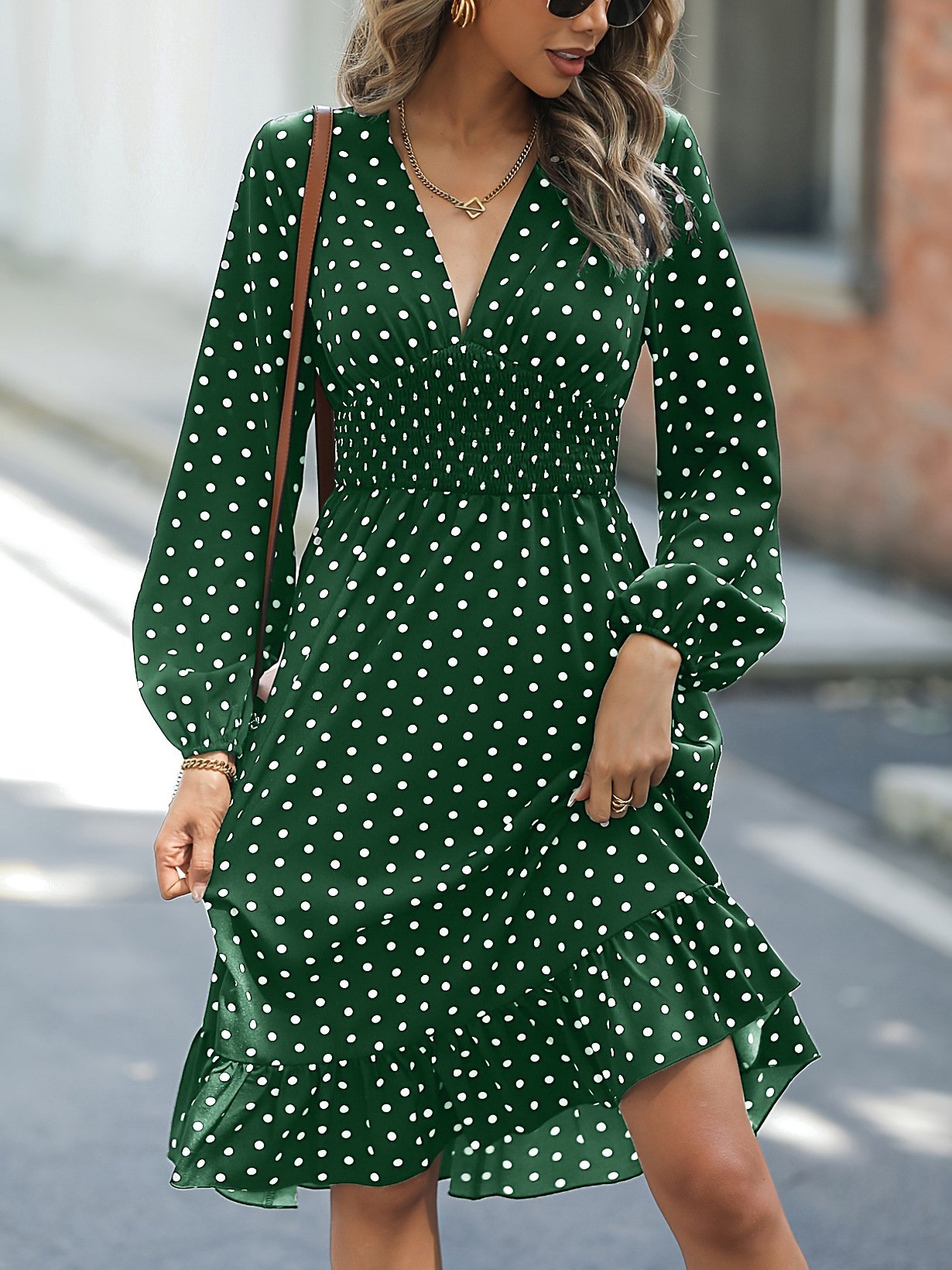 Waist Slimming Polka Dot Long Sleeve Dress 4