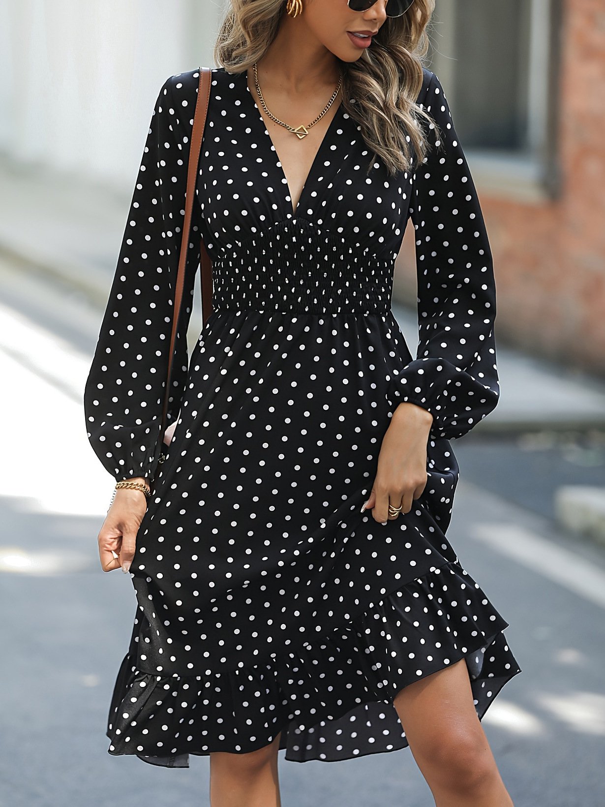 Waist Slimming Polka Dot Long Sleeve Dress 2