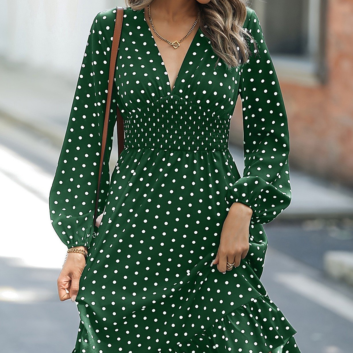 Waist Slimming Polka Dot Long Sleeve Dress 5