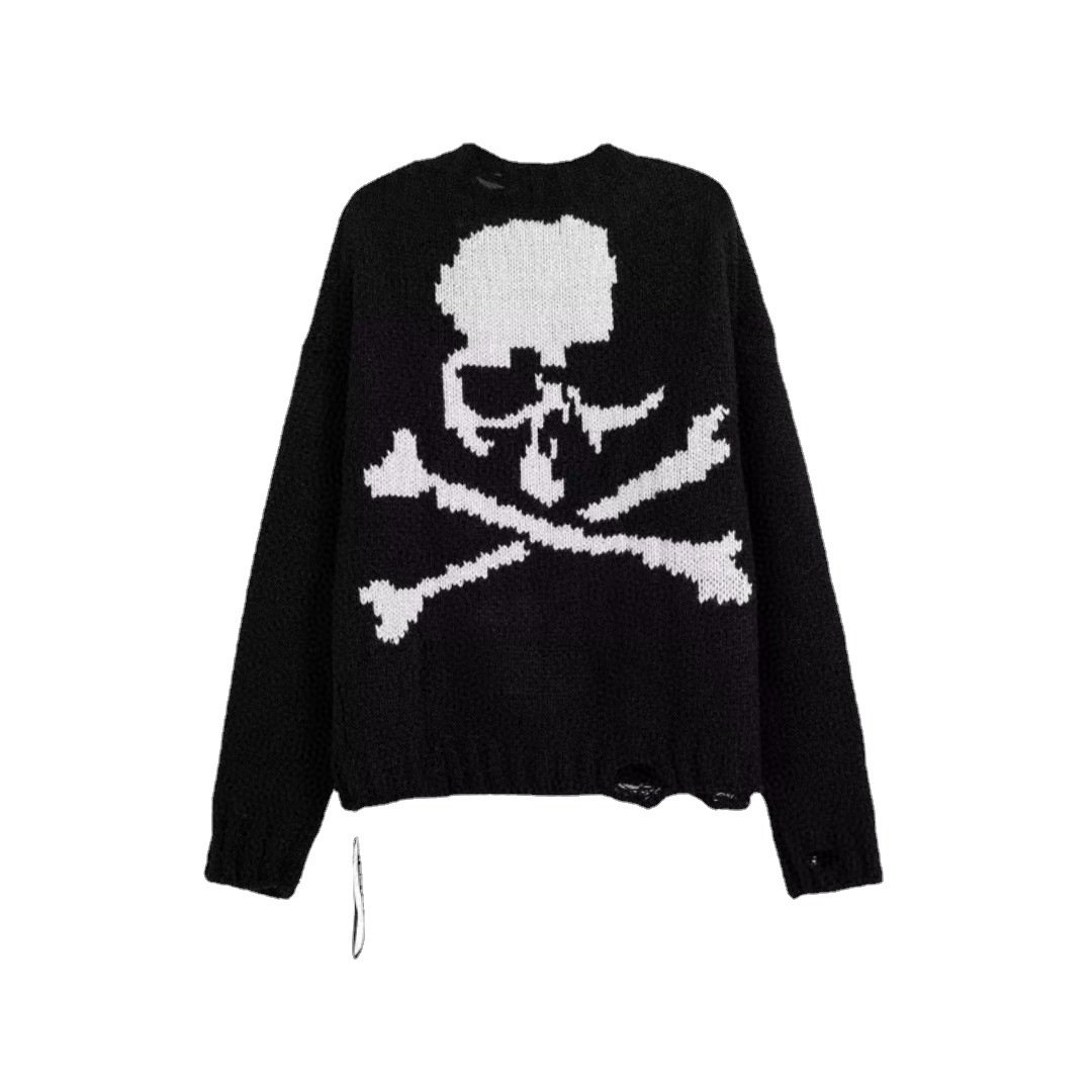 Dark Skull Ripped Thick Thread Sweater Image 3