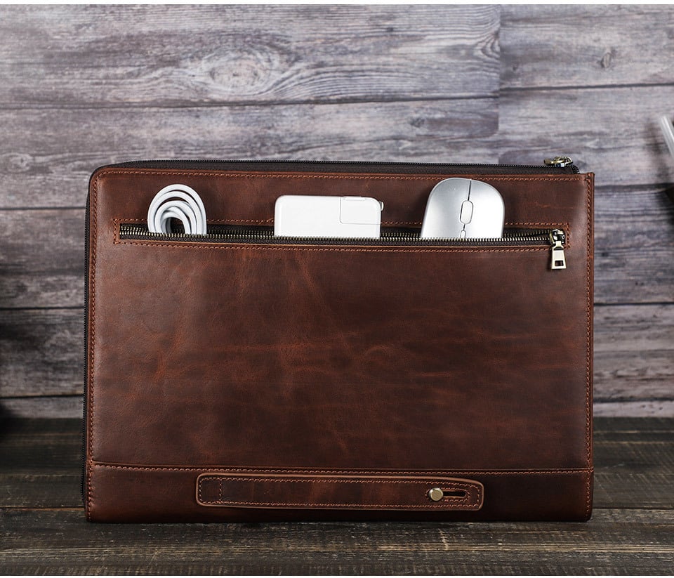 Crazy Horse Leather Laptop Bag - Red Brown Color