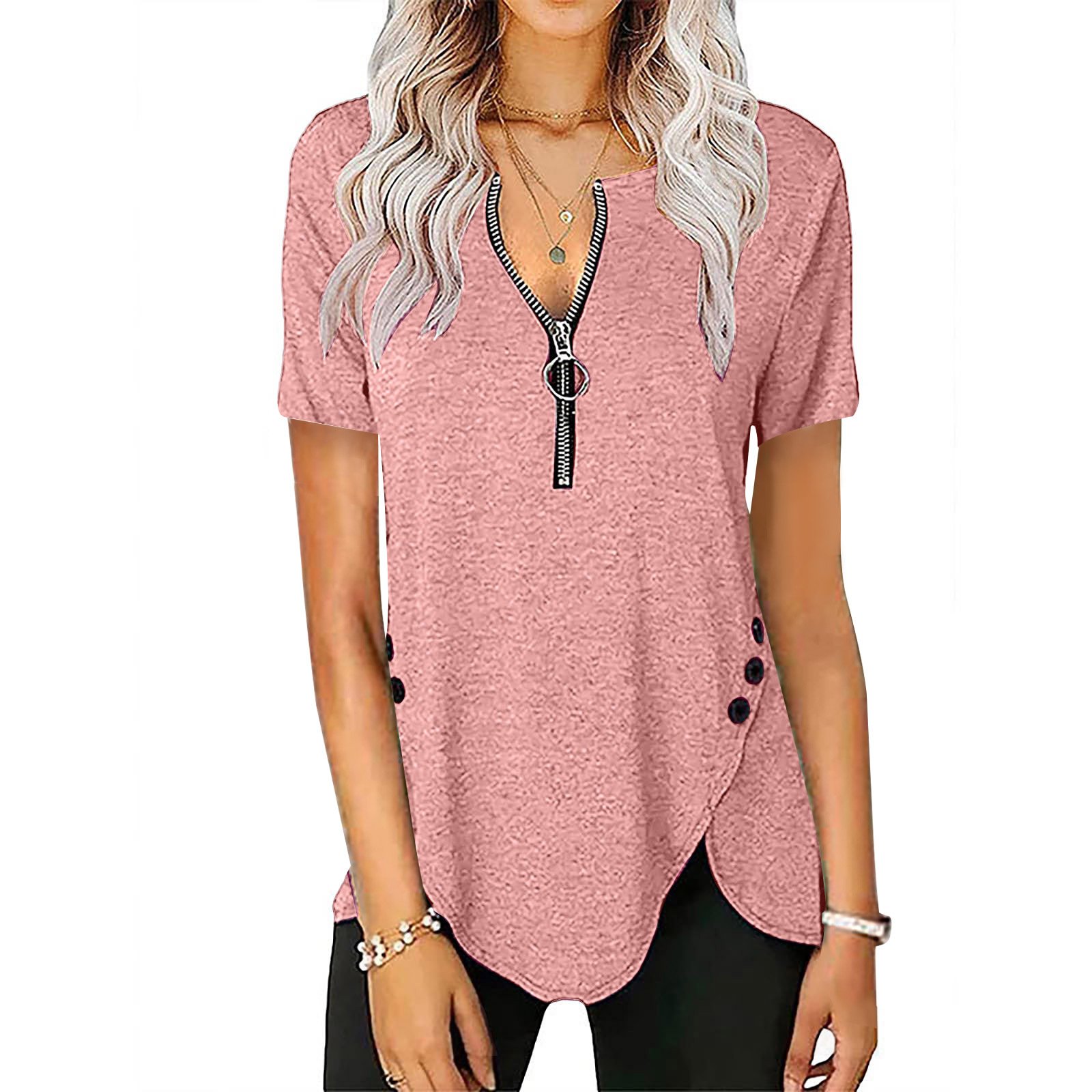 V-Neck Zip Button T-Shirt