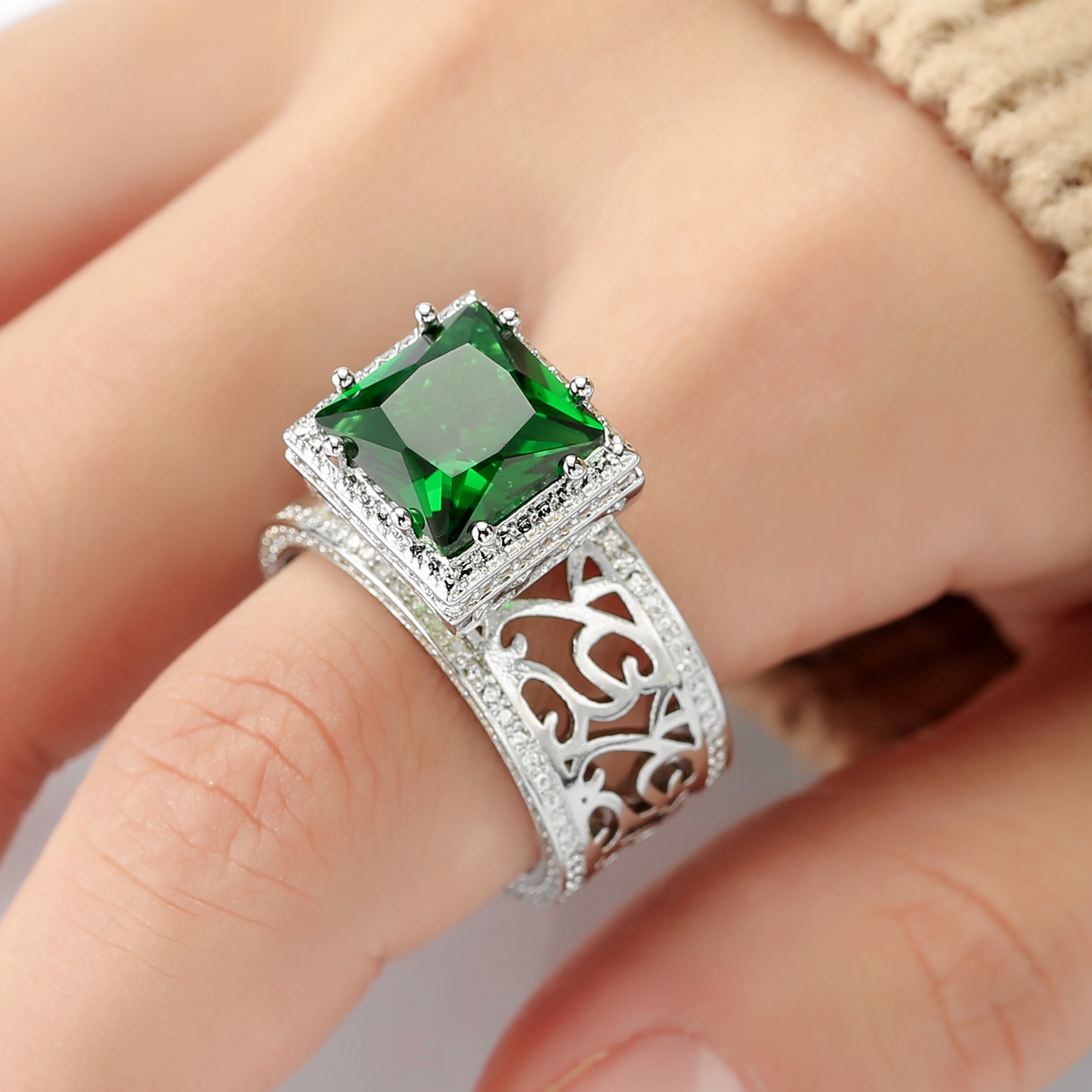 Emerald Square Diamond Zircon Princess Ring - Image 5