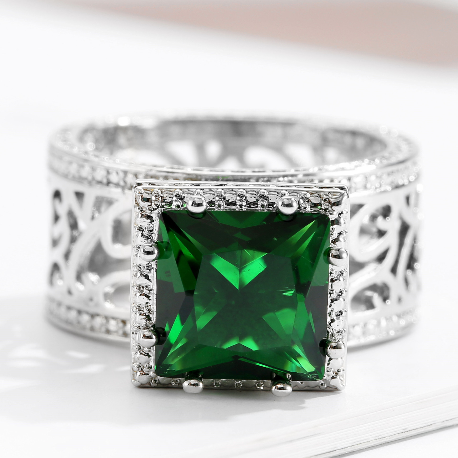 Emerald Square Diamond Zircon Princess Ring - Image 1