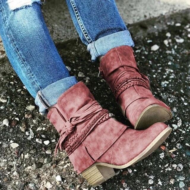 Zipper Tassel Braid Thick Heel Women's Shoes
