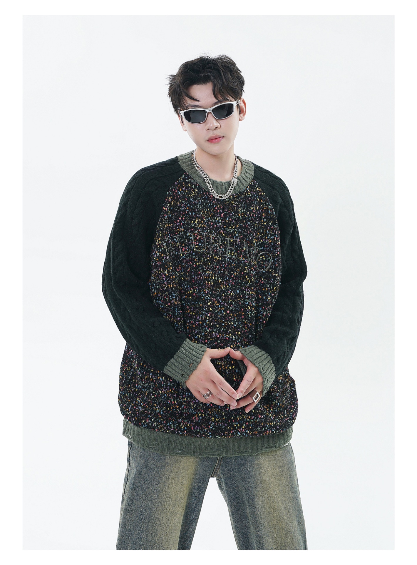 Patchwork Round Neck Couple's Dopamine Sweater