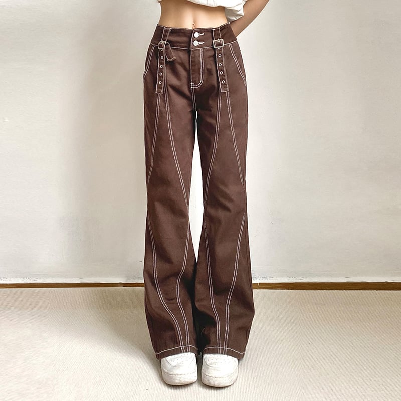 High Waist Slim Straight Denim Trousers
