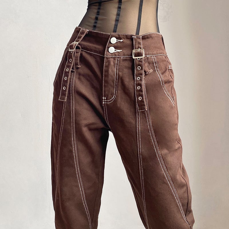 High Waist Slim Straight Denim Trousers