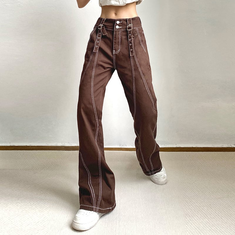 High Waist Slim Straight Denim Trousers