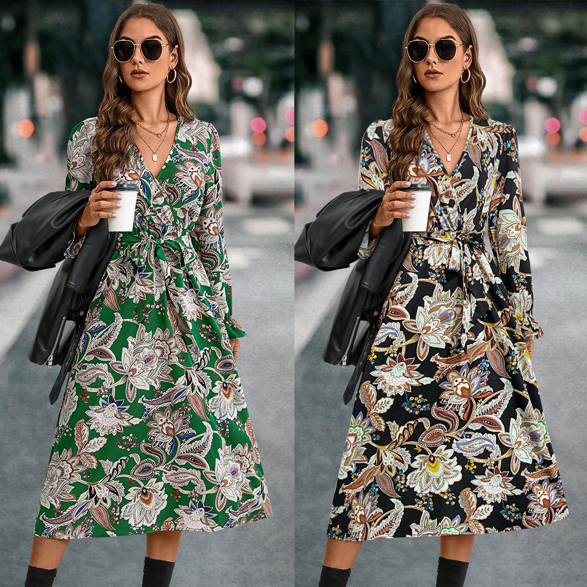 Cross V-neck Long-sleeve Dress image 6