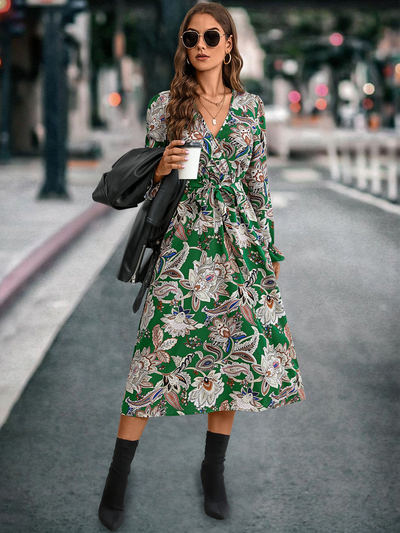 Cross V-neck Long-sleeve Dress image 2